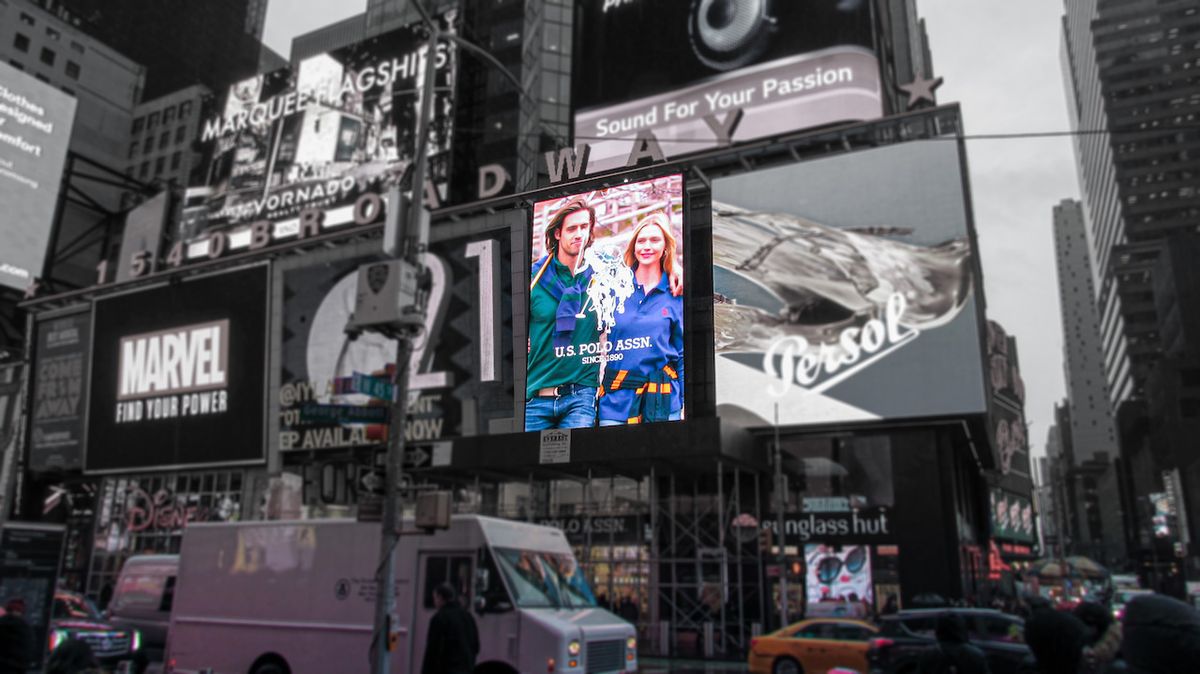 The 8mm pixel pitch LED display billboard measures 24 feet wide by 36 feet high and is located above US Polo at 1540 Broadway in the center of Times Square. 