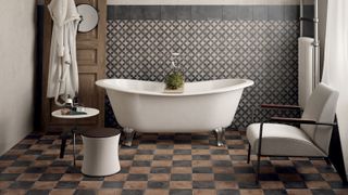 A stylish bathroom featuring patterned wall tiles in a geometric design paired with checkerboard floor tiles in earthy brown and charcoal tones.