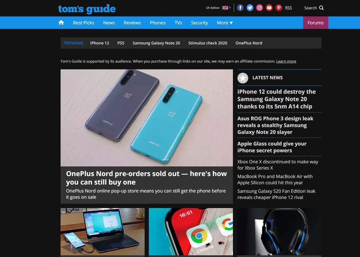 Tom&#039;s Guide forced dark mode in MicrosoftEdge