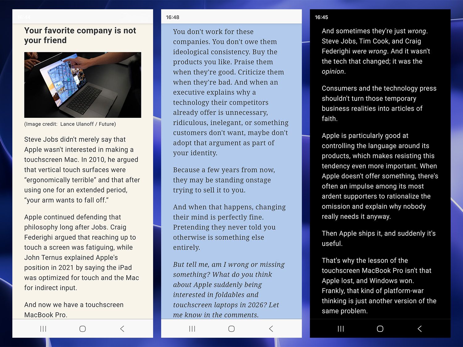 Windows Central articles displayed in Reading Mode on Microsoft Edge for Android in various color themes