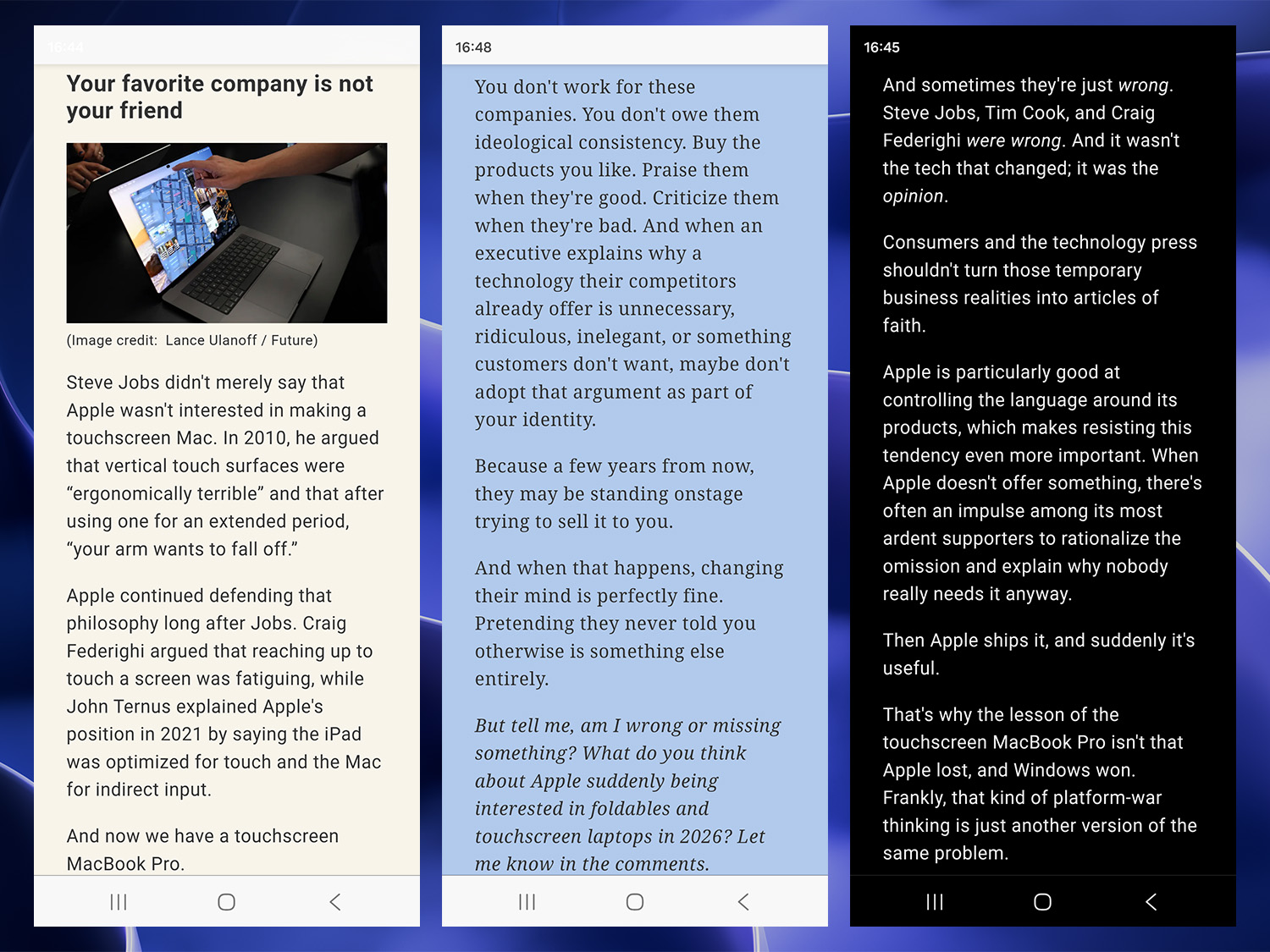 Windows Central articles displayed in Reading Mode on Microsoft Edge for Android in various color themes