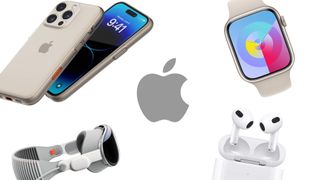 Various Apple products surrounding an Apple logo