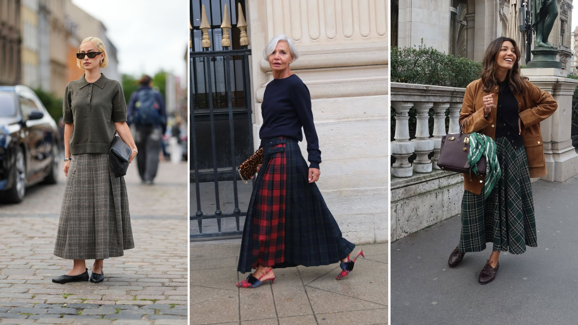 three women wearing plaid skirts