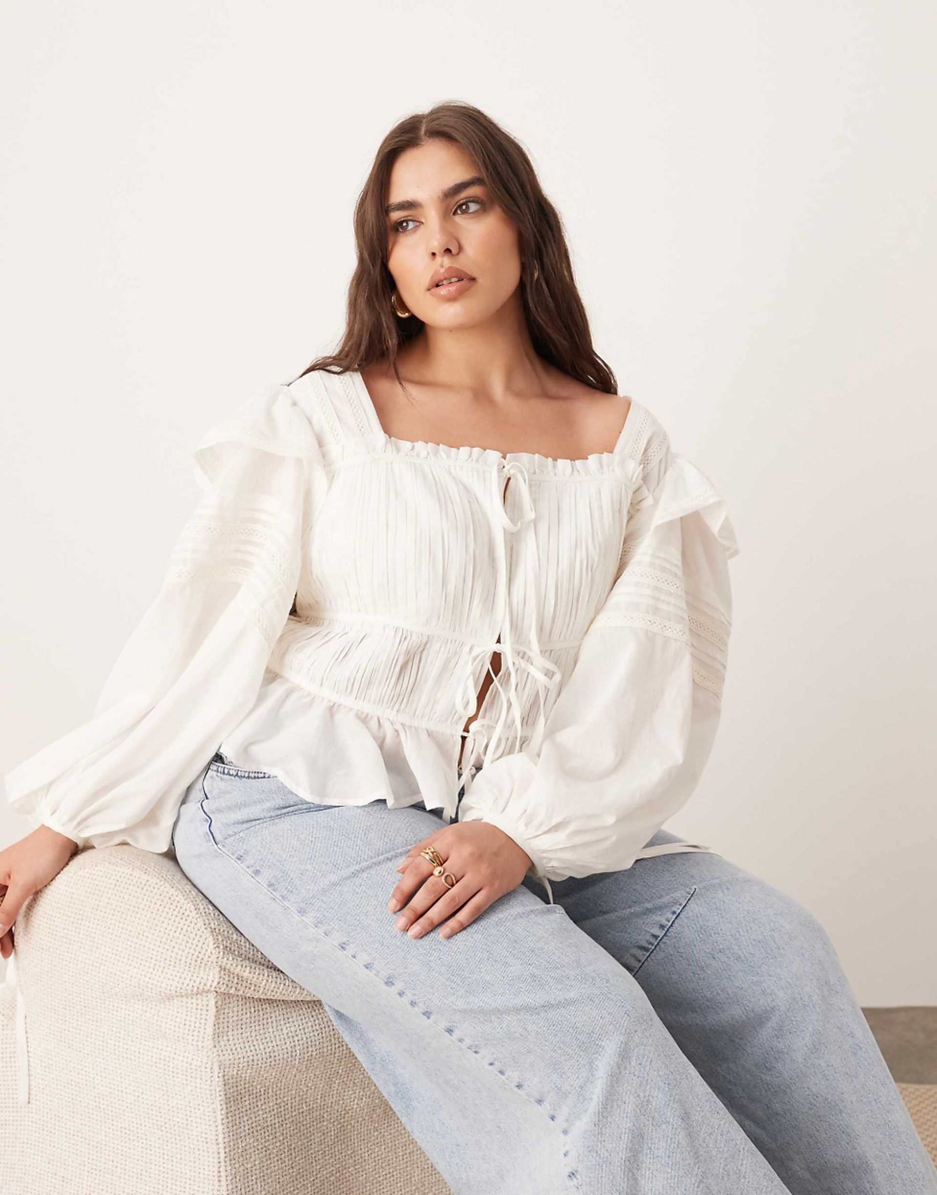 Arrange Curve Cotton Voile Lace Trim Blouse With Tie Front in White