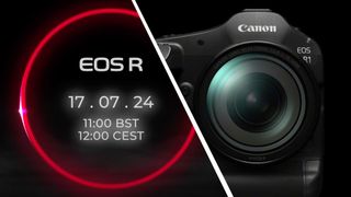 La date de lancement d'un événement Canon à côté de l'appareil photo Canon EOS R1 sur fond noir.