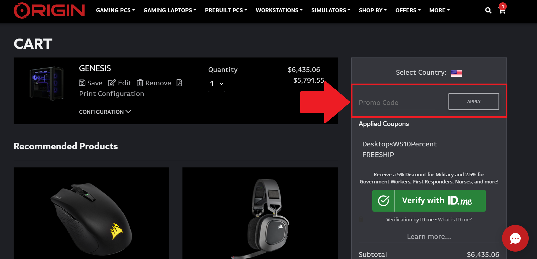 A screenshot of the origin pc checkout page showing exactly where to enter an origin pc promo code