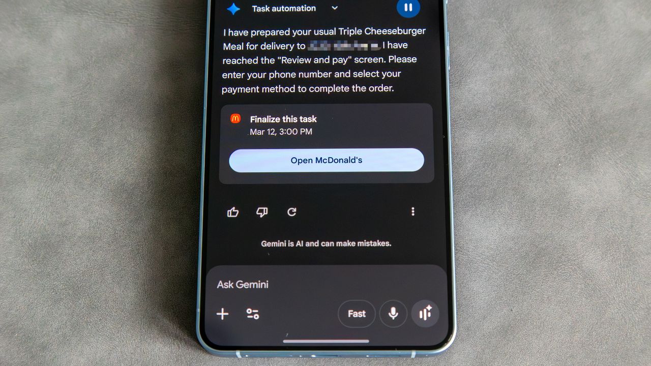 Gemini completing an automated food order on the Galaxy S26 Plus