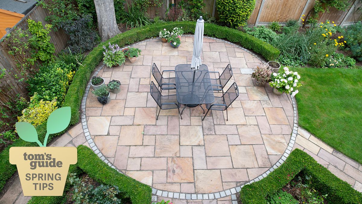 Garden patio with spring tips logo