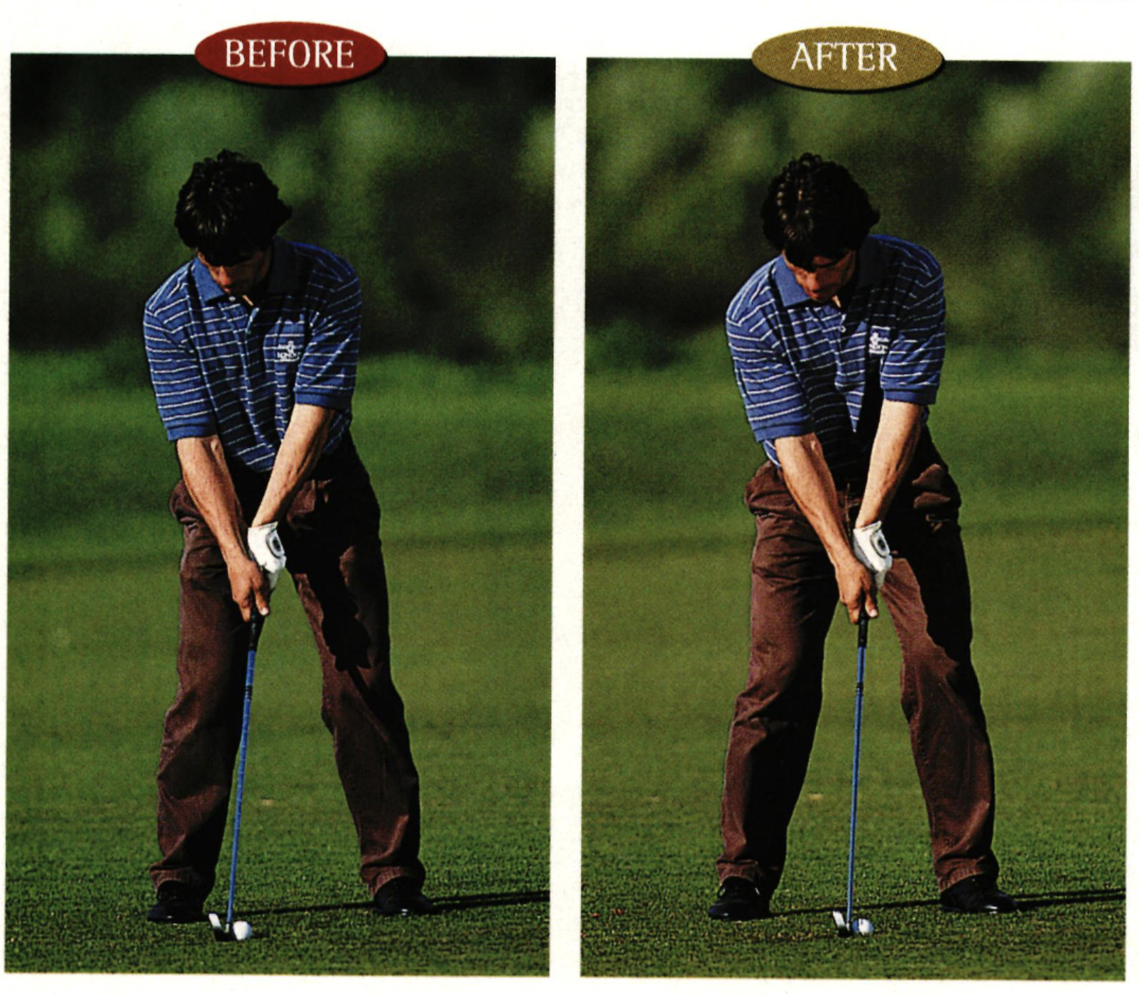Gianfranco Zola in a before and after image, showcasing a poor wrist and hand position at address vs a good one