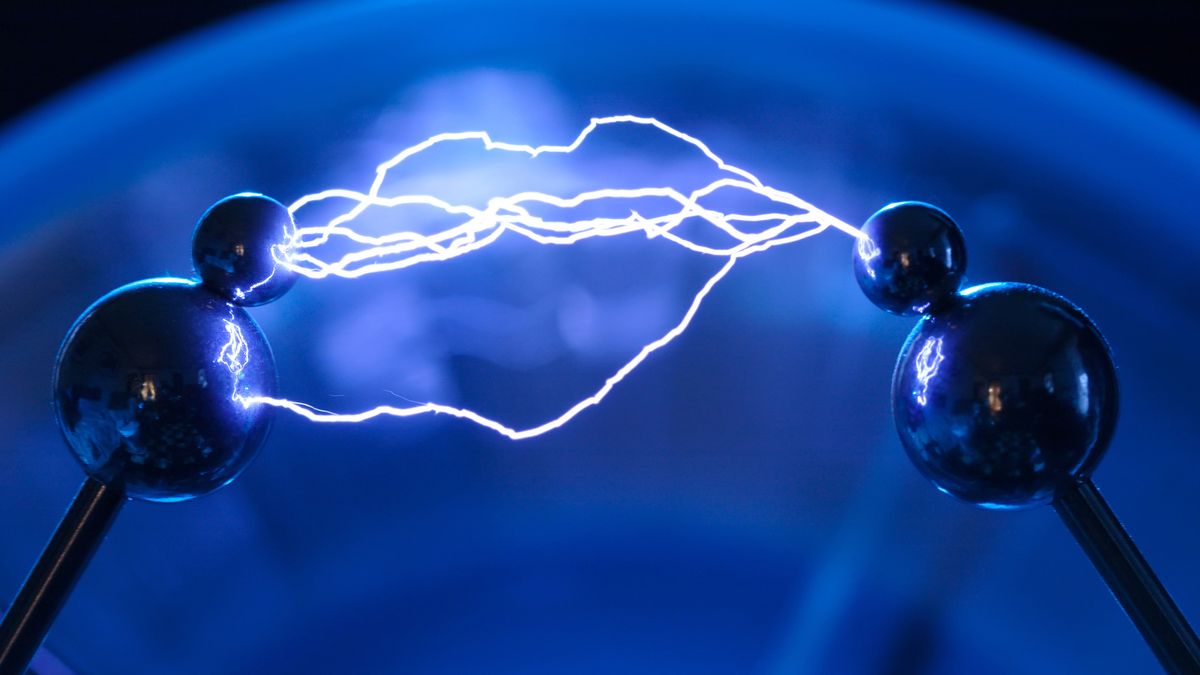  Here, a multiple arc electrical discharge from a Wimshurst generator, which separates separate electric charges using electrostatic induction. 