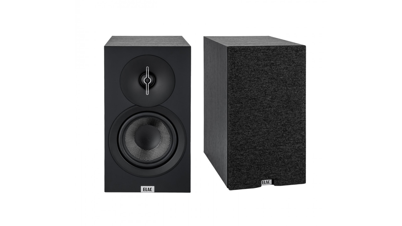A pair of ELAC Debut 3.0 B5.3 speakers in black on a plain white background.
