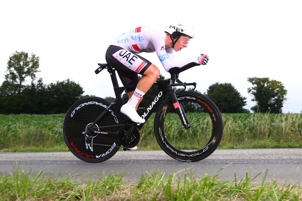 LAVAL ESPACE MAYENNE FRANCE JUNE 30 Tadej Pogaar of Slovenia and UAETeam Emirates White Best Young Rider Jersey during the 108th Tour de France 2021 Stage 5 a 272km Individual Time Trial stage from Chang to Laval Espace Mayenne 90m ITT LeTour TDF2021 on June 30 2021 in Laval Espace Mayenne France Photo by Michael SteeleGetty Images