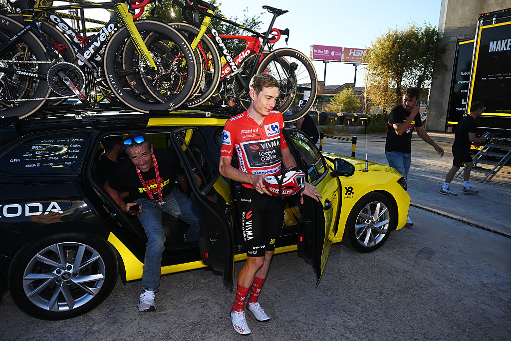 MADRID, SPAIN - SEPTEMBER 14: Jonas Vingegaard of Denmark and Team Visma | Lease a Bike - Red Leader Jersey reacts after the La Vuelta - 80th Tour of Spain 2025, Stage 21 a 108km stage from Alalpardo to Madrid / The race is neutralised due to disturbances in central Madrid caused by pro-Palestinian protests / #UCIWT / on September 14, 2025 in Madrid, Spain. (Photo by Dario Belingheri/Getty Images)