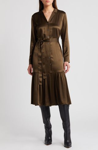 Beatrice Long Sleeve Belted Satin Midi Shirtdress