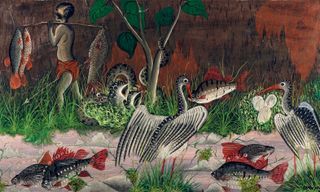 An image of artwork depicting birds, fish and a person