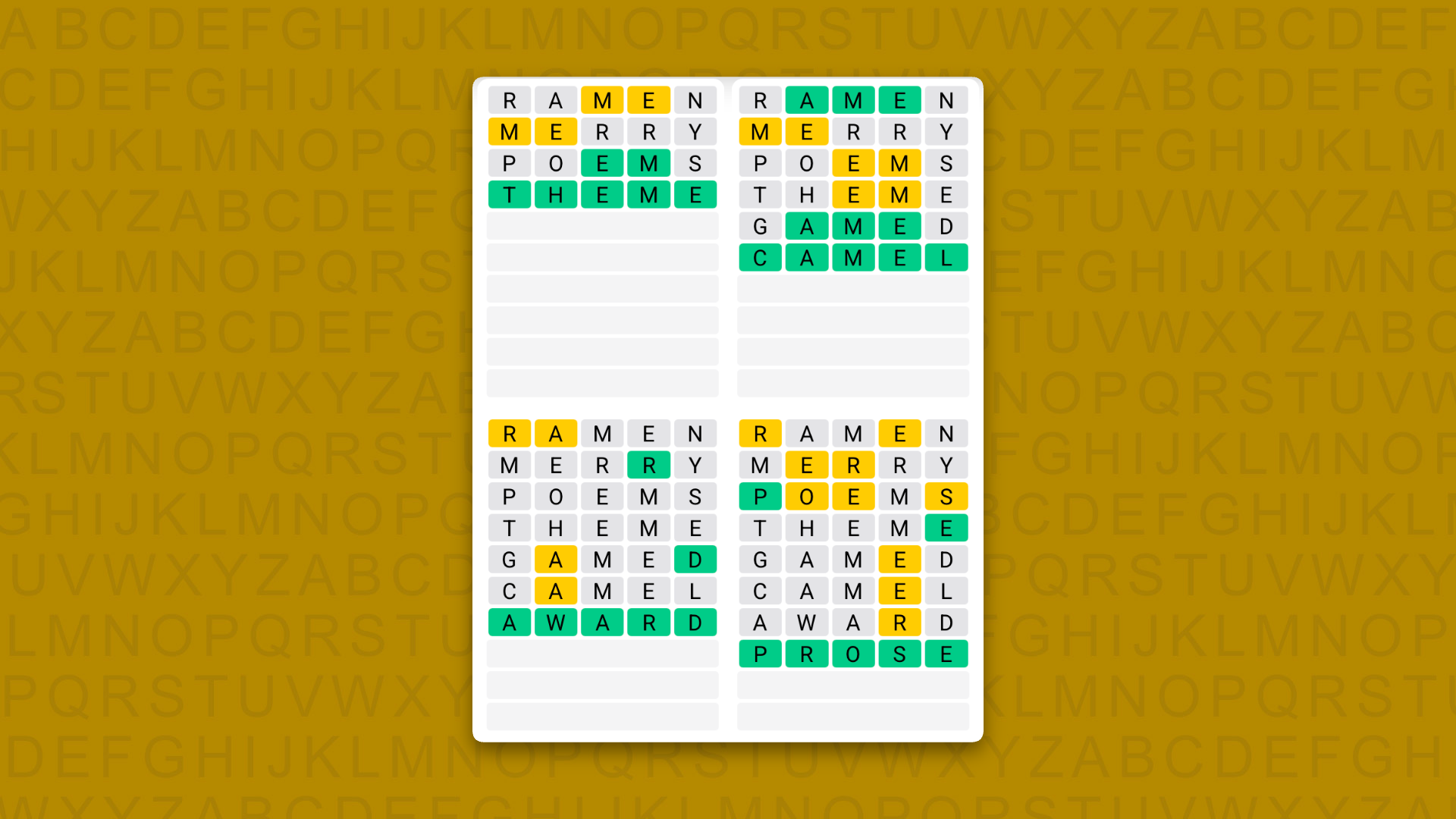 Quordle Daily Sequence answers for game 1693 on a yellow background