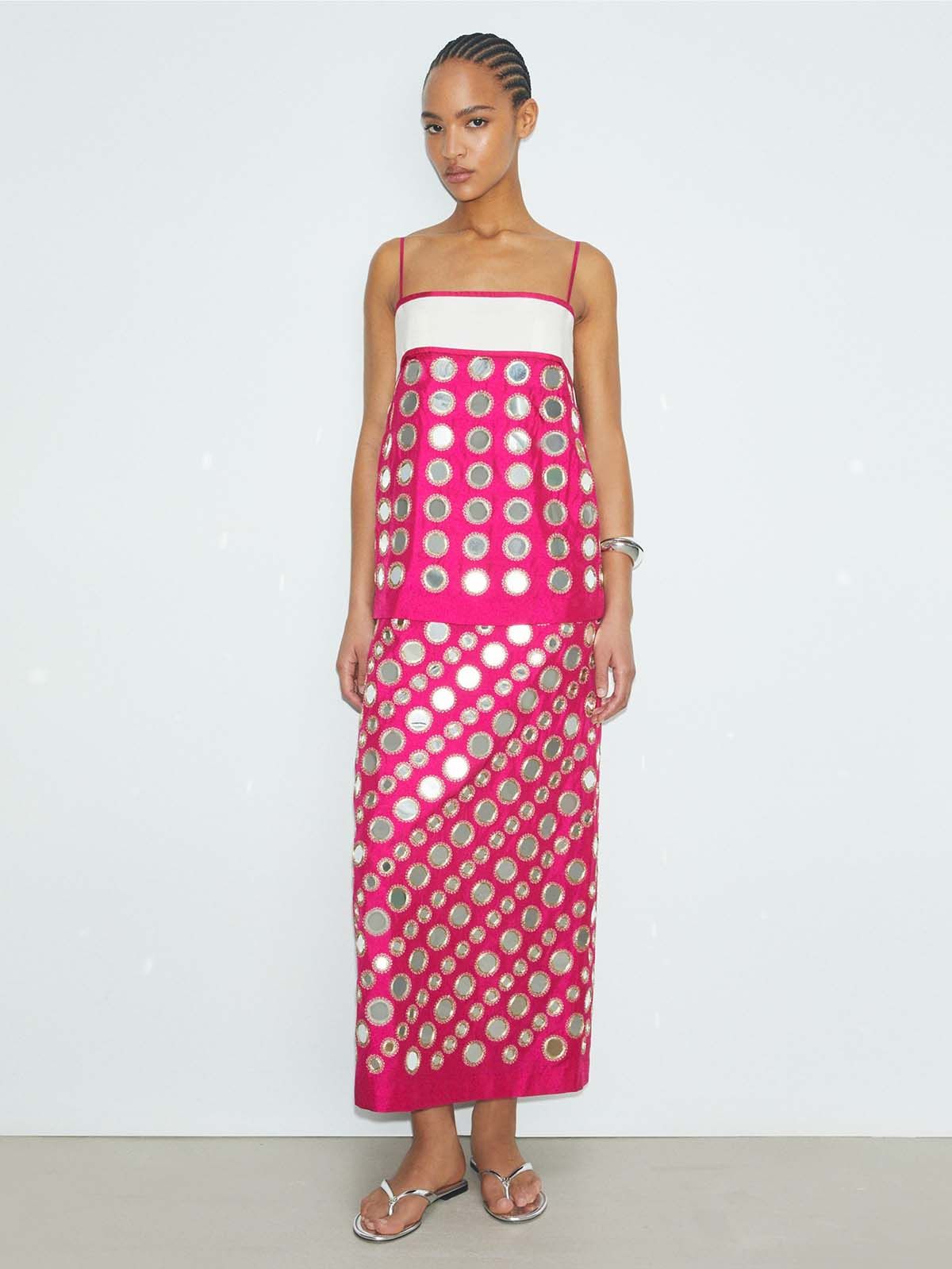 Layered Hand-Done Mirrorwork Dress in Pink, Size 0