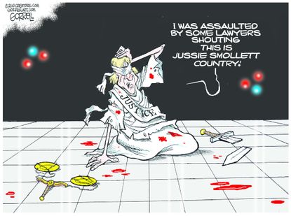 Editorial cartoon U.S. lady justice Jussie&nbsp;Smollett