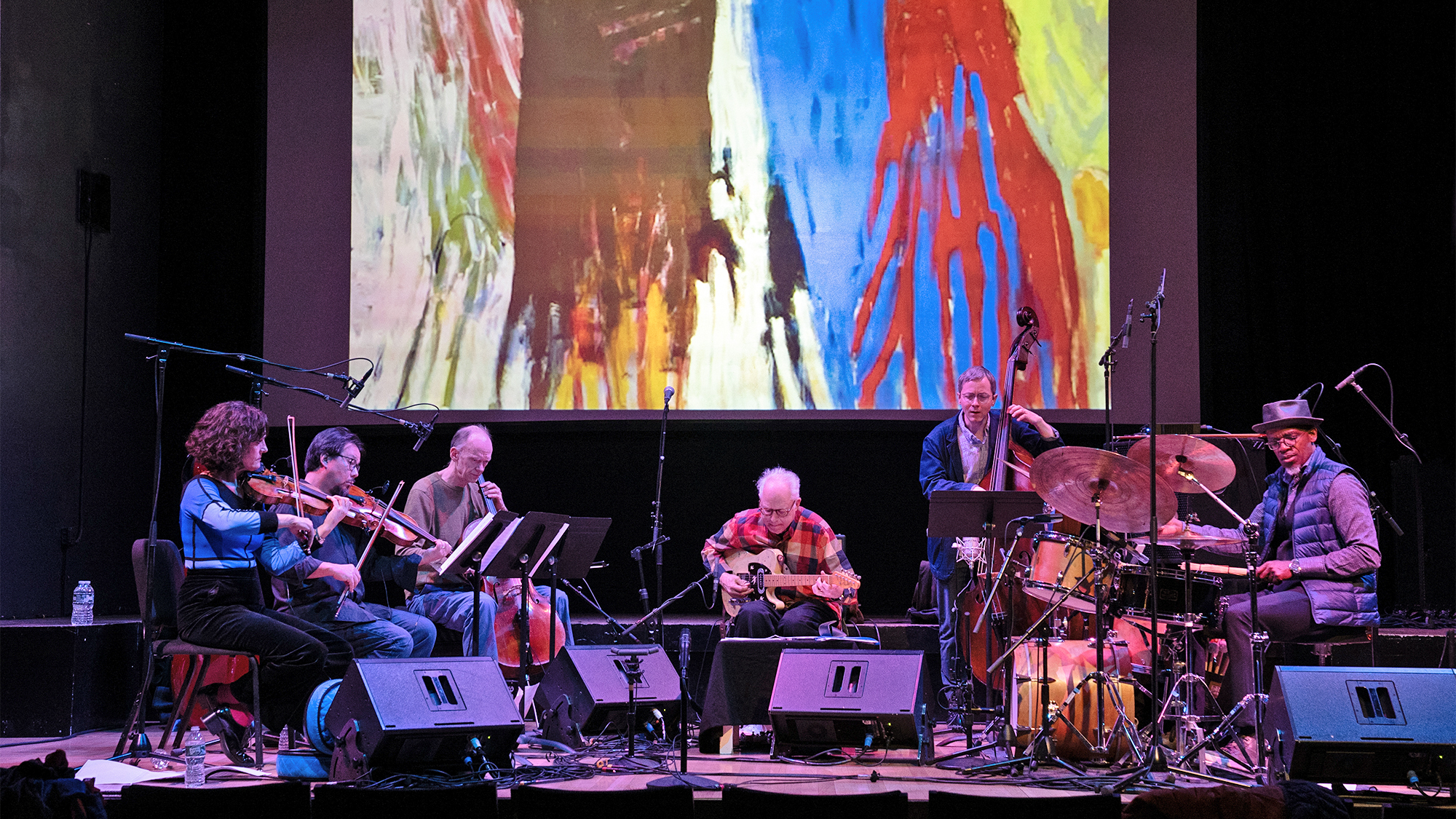 Bill Frisell with his &amp;lsquo;In My Dream&amp;rsquo; collaborators and &amp;ldquo;closest friends.&amp;ldquo; (from left) violinist Jenny Scheinman, violist Eyvind Kang, cellist Hank Roberts, Bill Frisell, bassist Thomas Morgan and drummer Rudy Royston.