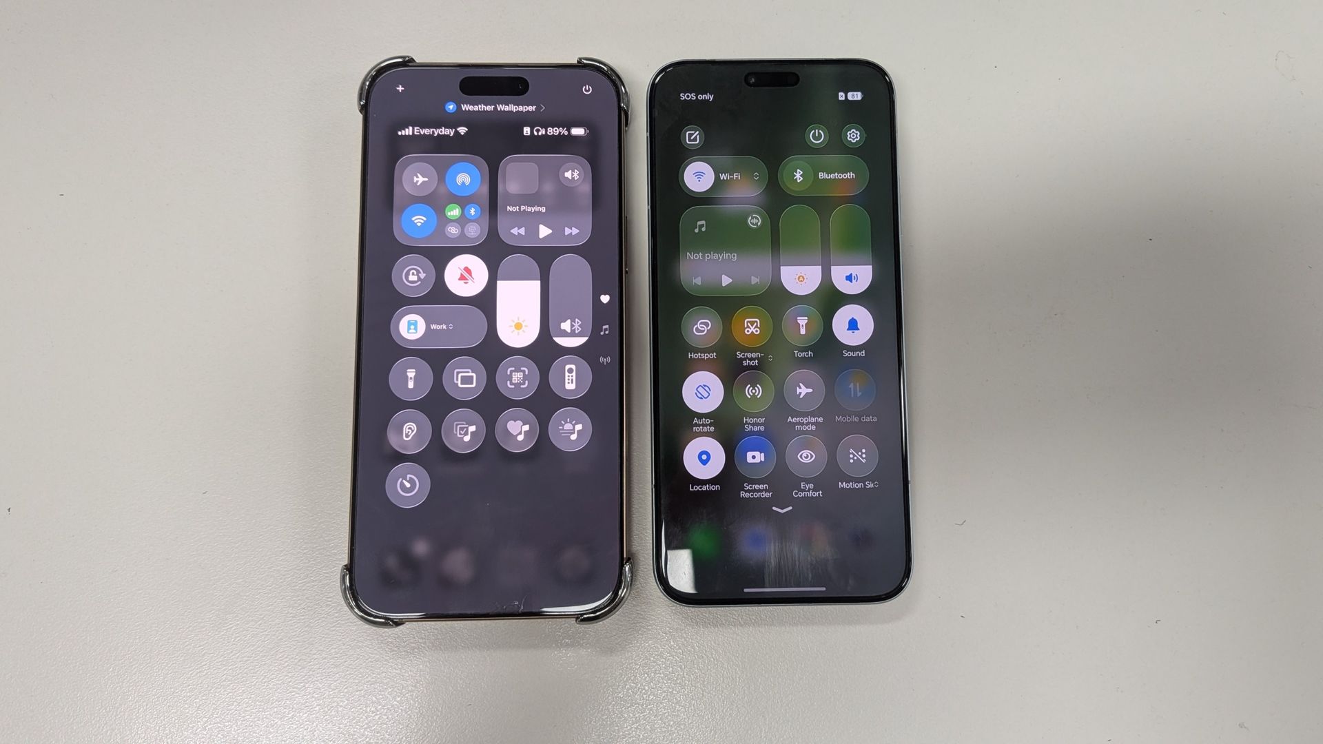 An iPhone 16 Pro Max and an Honor Magic 8 Pro's control centre compared side by side