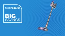 A Dyson V8 Cordless Vacuum Cleaner on a blue background with Big Savings text next to it.