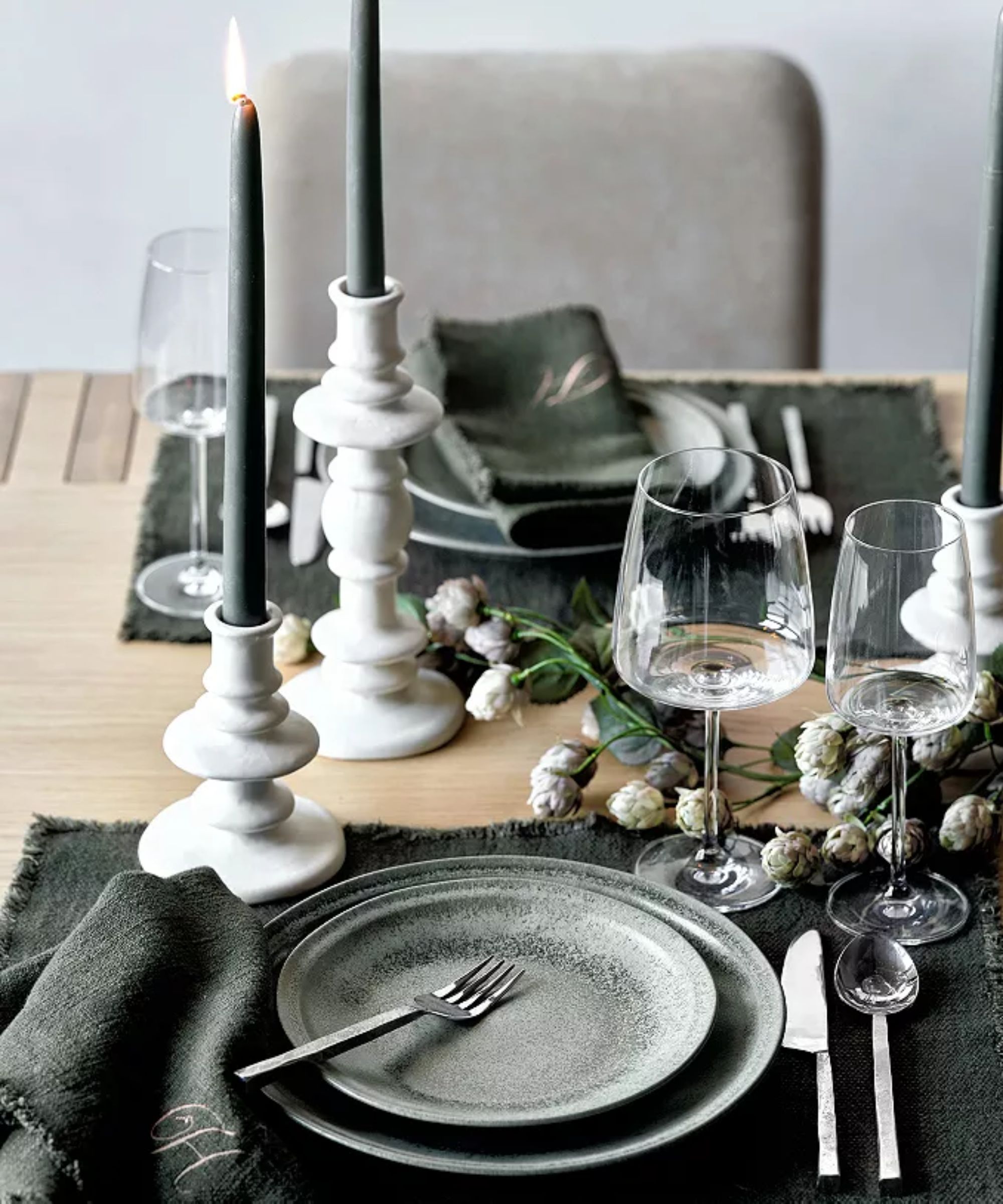 Green tablescape with grey stoneware