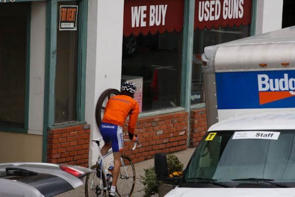 Dutchman Laurens Ten Dam (Rabobank) rides past signs of the American times.