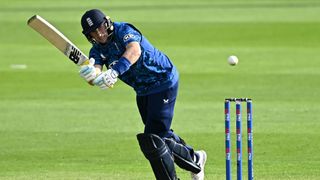 England's Joe Root bats during the second One Day International (ODI) cricket match between England and West Indies at Sophia Gardens cricket ground in Cardiff on June 1, 2025. 