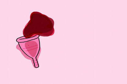 Illustration of a menstrual cup with blood coming out, to show what's normal on your period