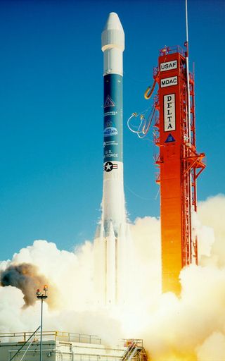 Launch of the first Delta II rocket with the first operational Global Positioning System (GPS) satellite from Complex 17A at the Cape Canaveral Air Force Station on Feb. 14, 1989.