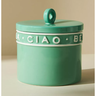 green stoneware jar reading ciao bella