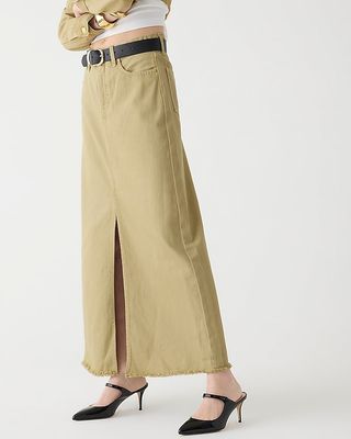 Classic Denim Maxi Skirt in Khaki