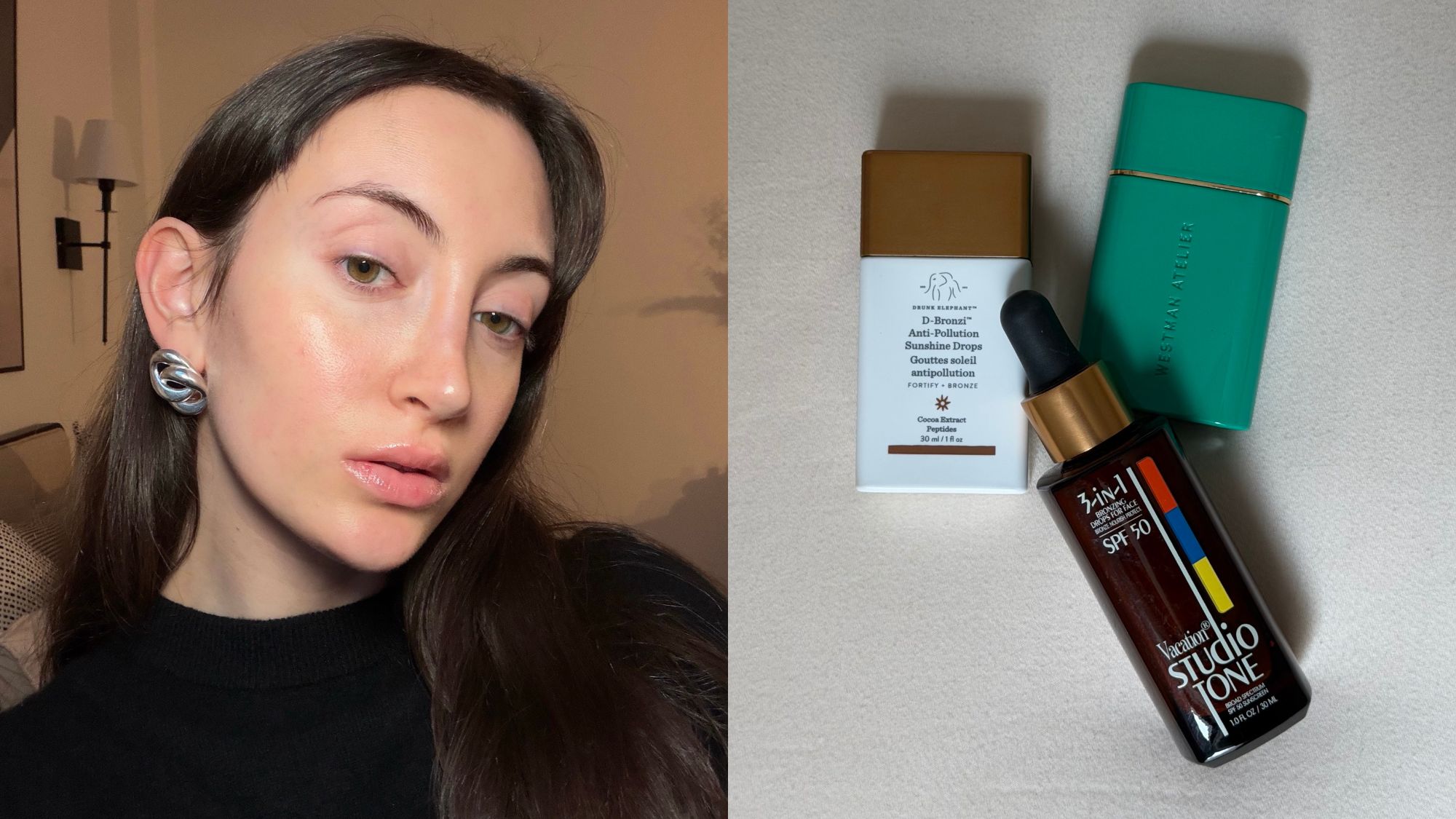 An image of Who What Wear associate beauty editor Alyssa Brascia wearing bronzing drops and a pile of bronzing drops.