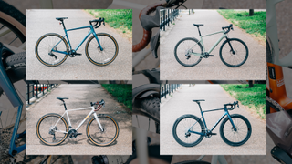 Images of four winning gravel bikes highlighted in a collage image over various other gravel bike closeup shots