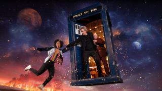 The Doctor (Peter Capaldi) and Nardole (Matt Lucas) trying to pull Bill (Pearl Mackie) back into the TARDIS in Doctor WHo