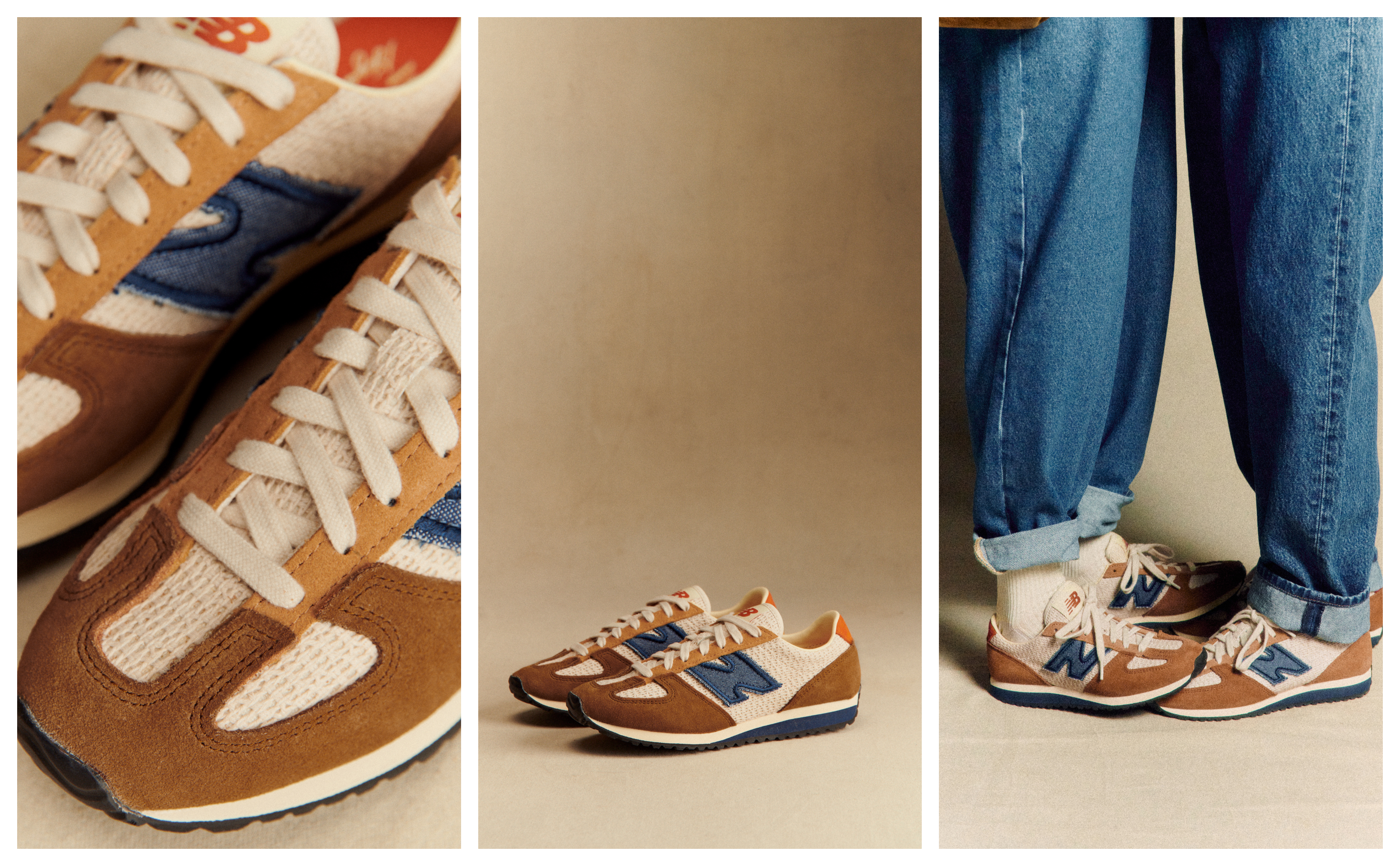 new balance and sezane sneakers in front of a plain backdrop