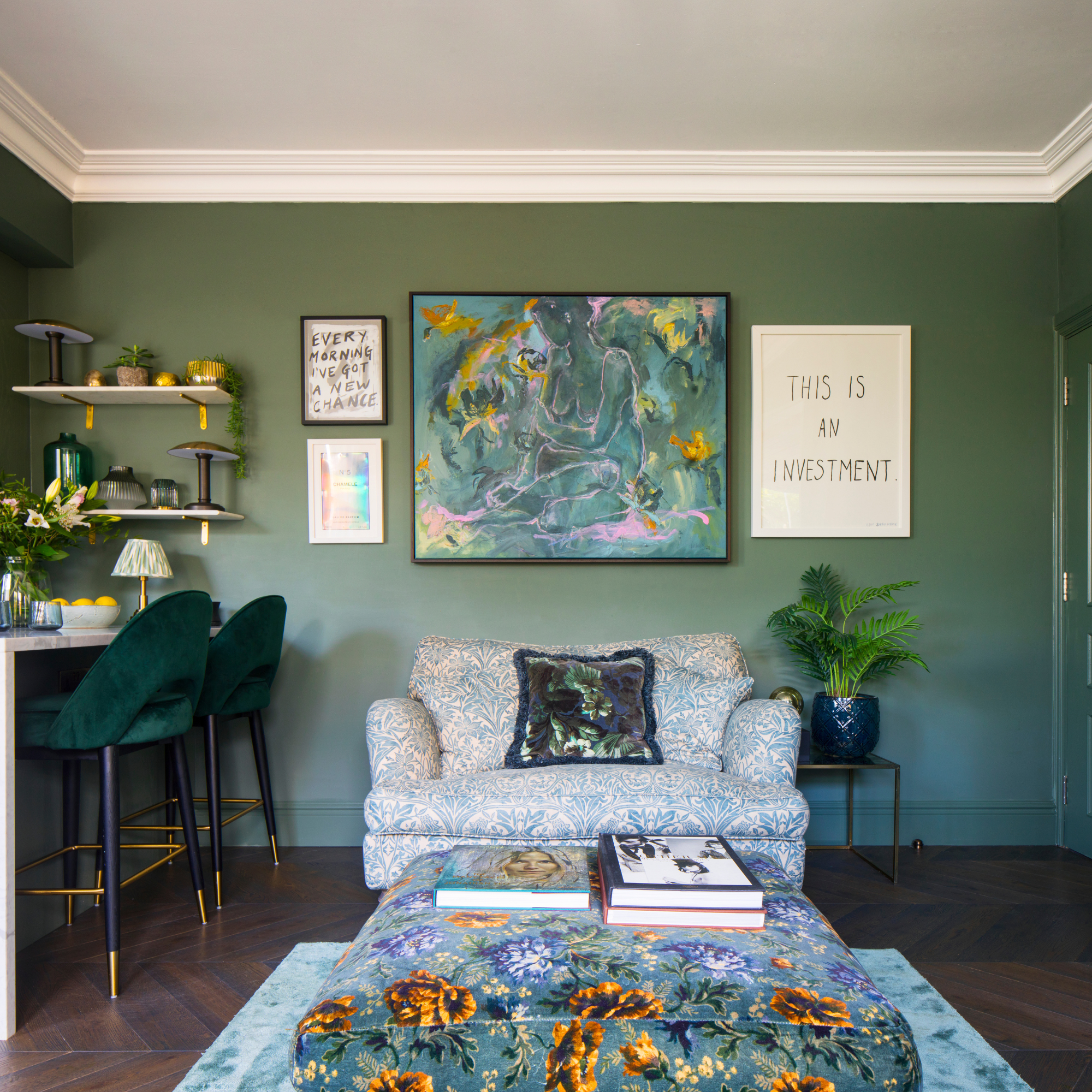 Green living room with white ceiling.