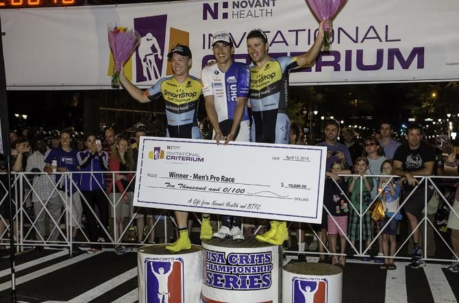 Shane Kline, Carlos Alzate, and Jure Kocjan on the podium of the Novant Health Invitational in Charlotte on Saturday. The event was the third in the 2014 USA CRITS Series.