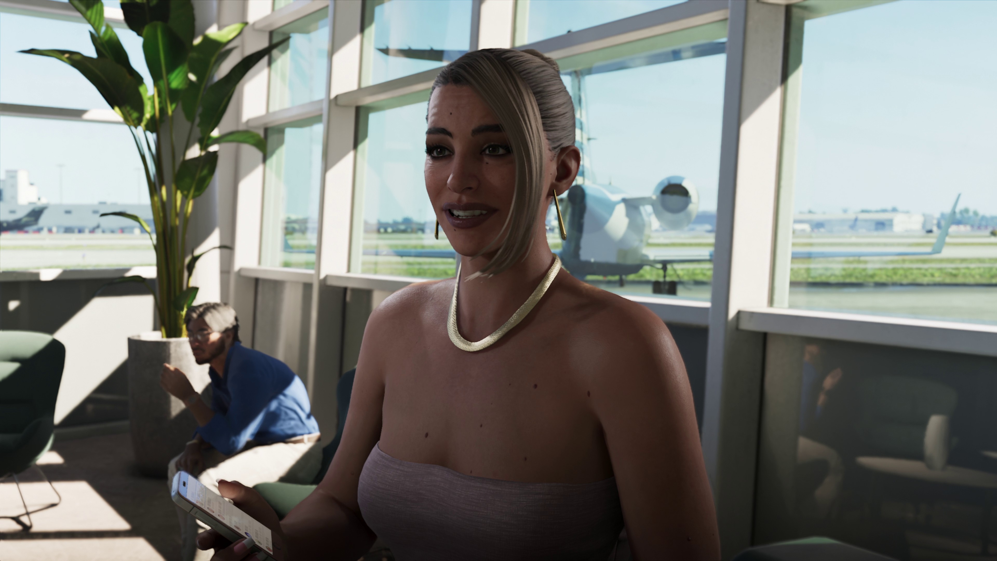 GTA 6 - Val standing at the airport talking.
