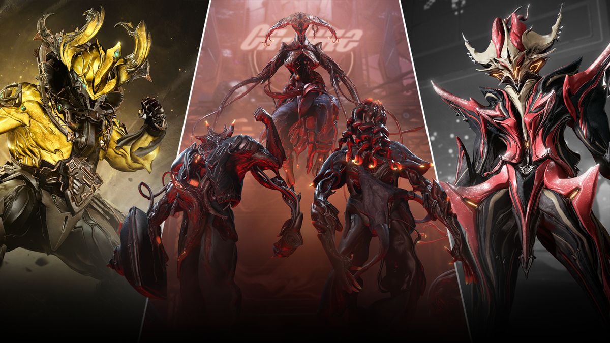 A promo shot for Warframe&#039;s Devstream 184, showing Rhino&#039;s Heirloom skin, new frame Temple, and the Technocyte Coda.