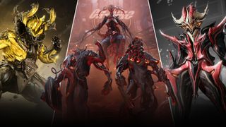 A promo shot for Warframe's Devstream 184, showing Rhino's Heirloom skin, new frame Temple, and the Technocyte Coda.