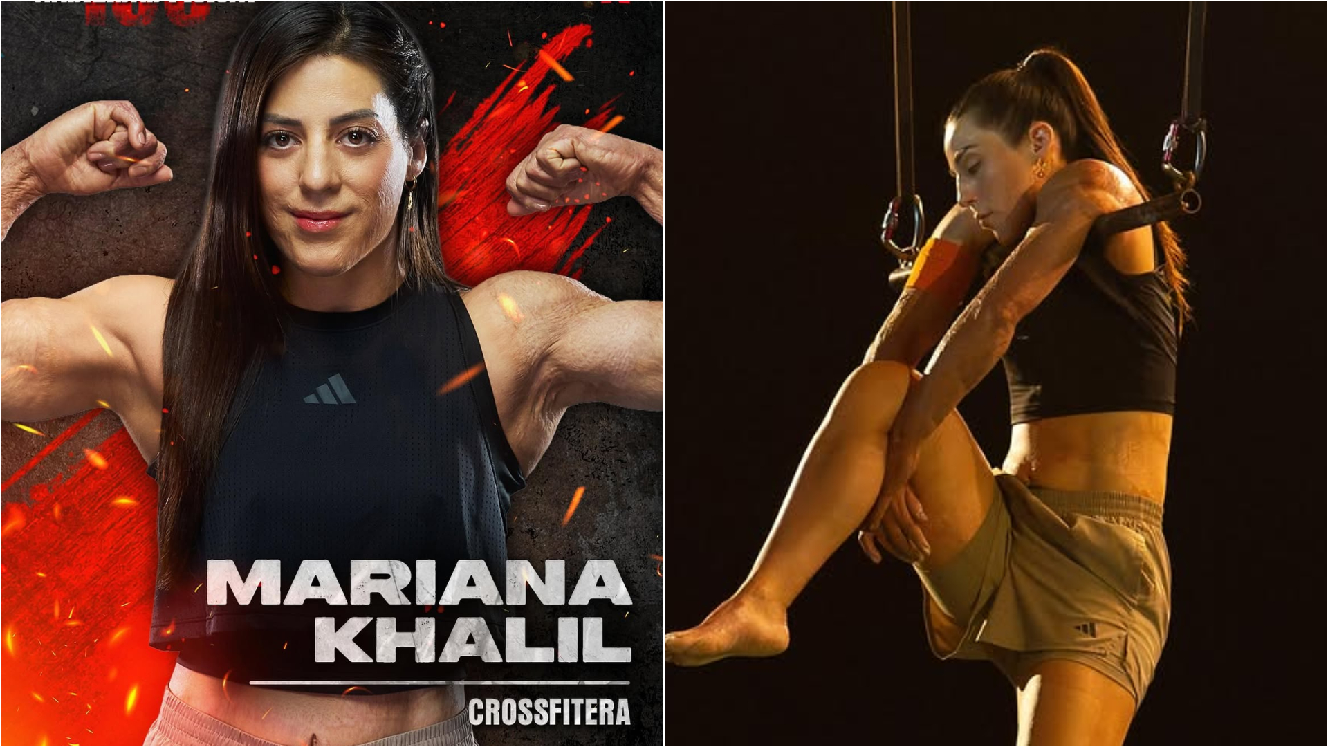 A split image of Mariana Khalil's cast portrait for Netflix's 'Physical 100: Mexico,' next to a picture of the athlete hanging from a suspended bar.