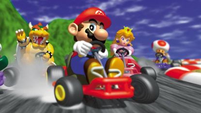 Mario Kart 64 image with Bowser, Mario, Peach, and Toad.