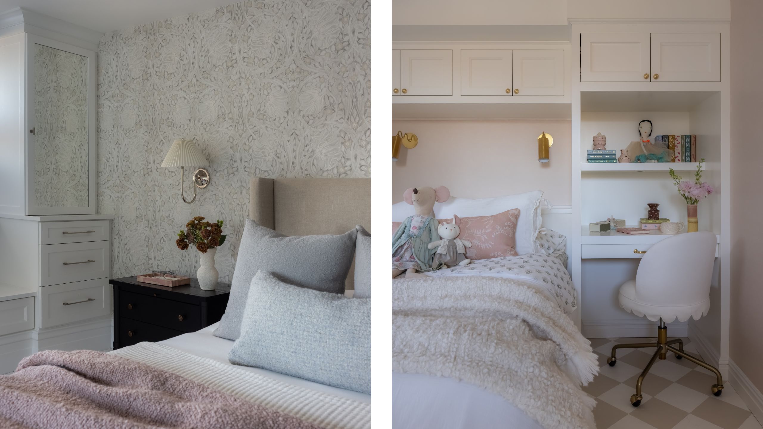 two side by side images of pastel soft bedrooms, one the primary and the other a kids room with built-in desk