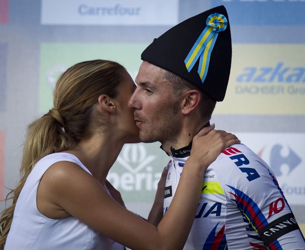 Joaquim Rodr&iacute;guez (Katusha) on the stage 15 podium at the Vuelta a Espana.