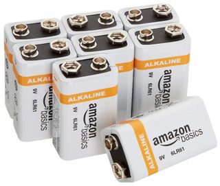 A pack of Amazon Basics 9v batteries 