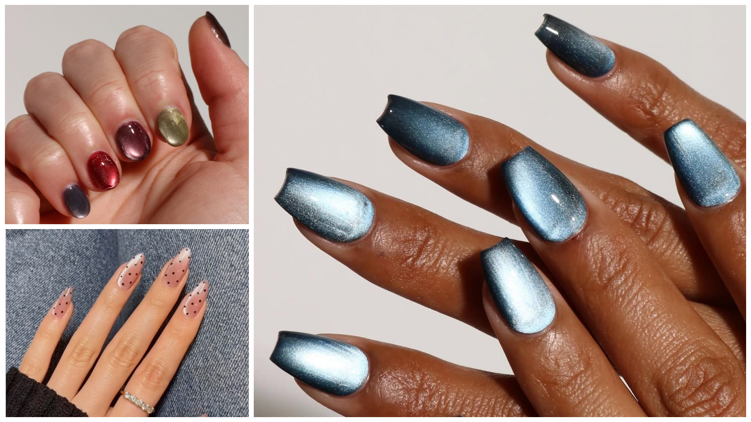 three velvet manicures in various color on three hands in a grid pattern