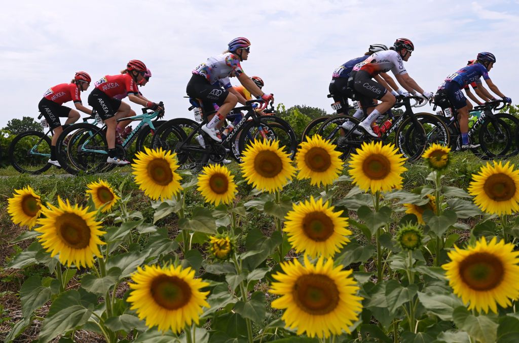 ALBI FRANCE JULY 28 LR Danielle De Francesco of Australia Anastasiya Kolesava of Belarus and Arkea Pro Cycling Team Elizabeth Holden of The United Kingdom and UAE Team ADQ Martina Alzini of Italy and Cofidis Women Team Claire Steels of The United Kingdom and Team Israel Premier Tech Roland and a general view of the peloton competing through flowery landscape during the 2nd Tour de France Femmes 2023 Stage 6 a 1221km stage from Albi to Blagnac UCIWWT on July 28 2023 in Albi France Photo by Tim de WaeleGetty Images
