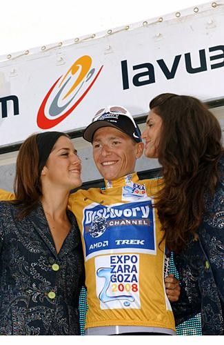 Janez Brajkovic (Discovery Channel) on the podium in the gold jersey