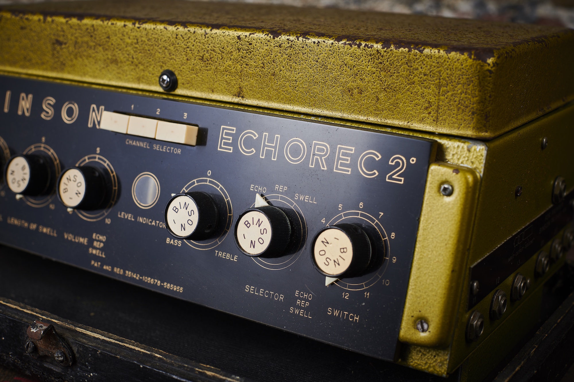 A vintage Binson Echorec that once belonged to Irish rock musician Rory Gallagher, shot up-close from the right side